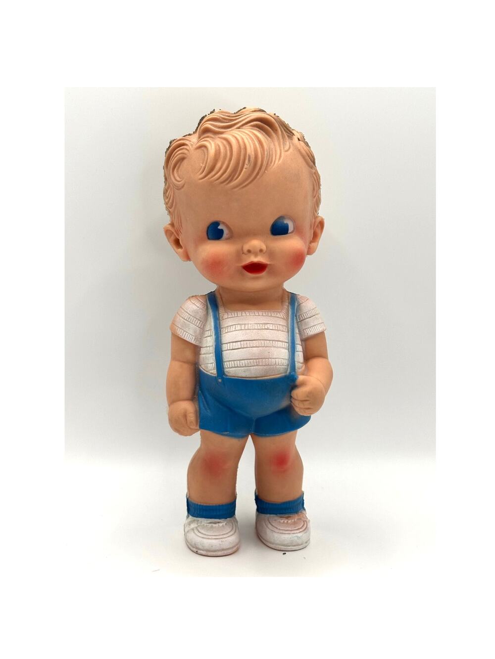 Vintage Ruth B. Newton Sun Rubber Co. Boy Blue Overalls/Shorts, Squeaky Doll